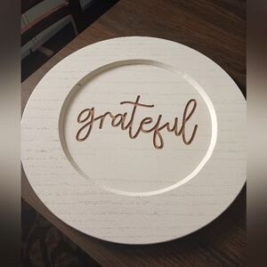 Farmhouse Charger, 13.3" diameter, white wood look w/dark brown wood writing